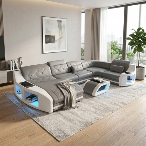 LED Sectional Sofa With Leather Upholstery