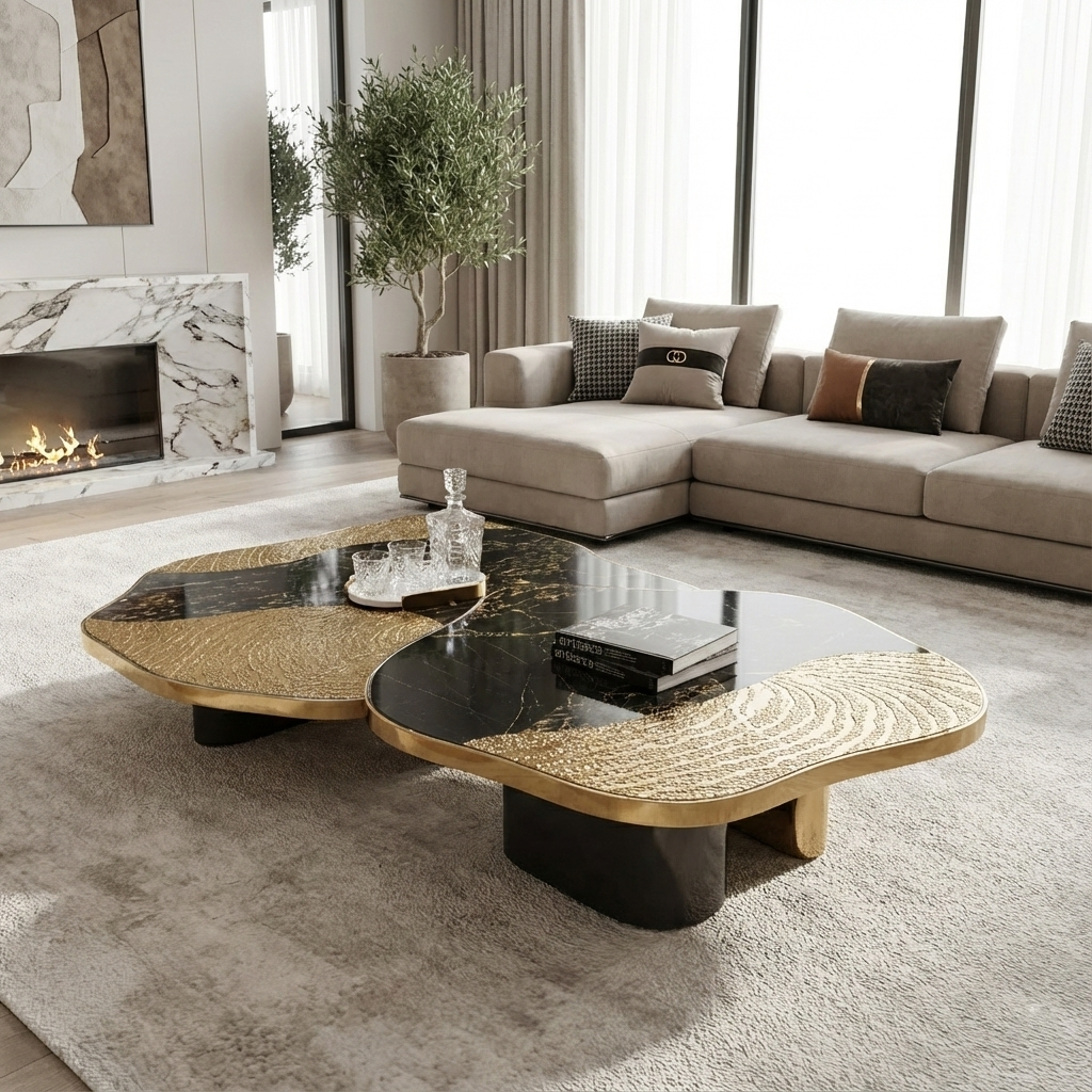 Contemporary Marble And Metal Coffee Table Set / Ruchi 