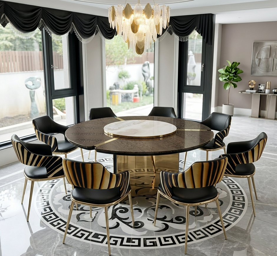 Shiny Wooden Top Round Dining Table Set / Ruchi