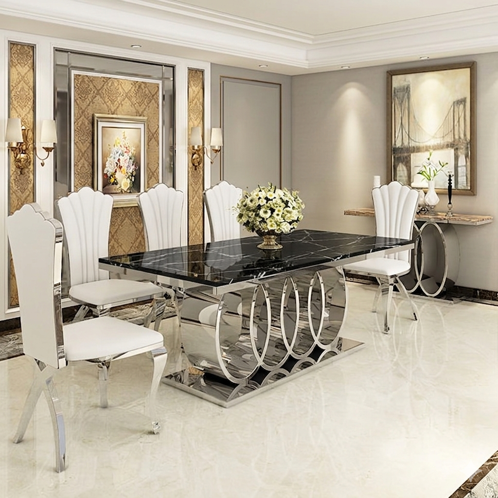 Marble Top Rectangular Dining Table Set