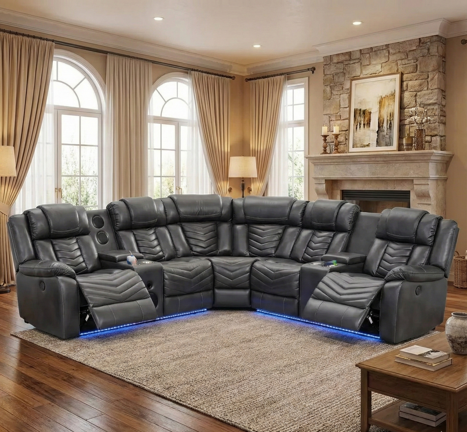 Multifunctional Electric Recliner LED Sectional Leather Sofa / Ruchi