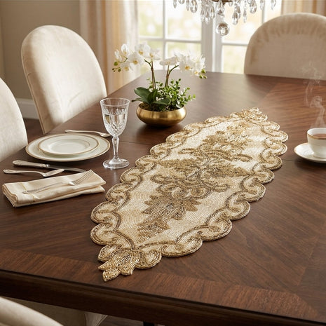 Gold Beige Beaded Oval Runner / Ruchi