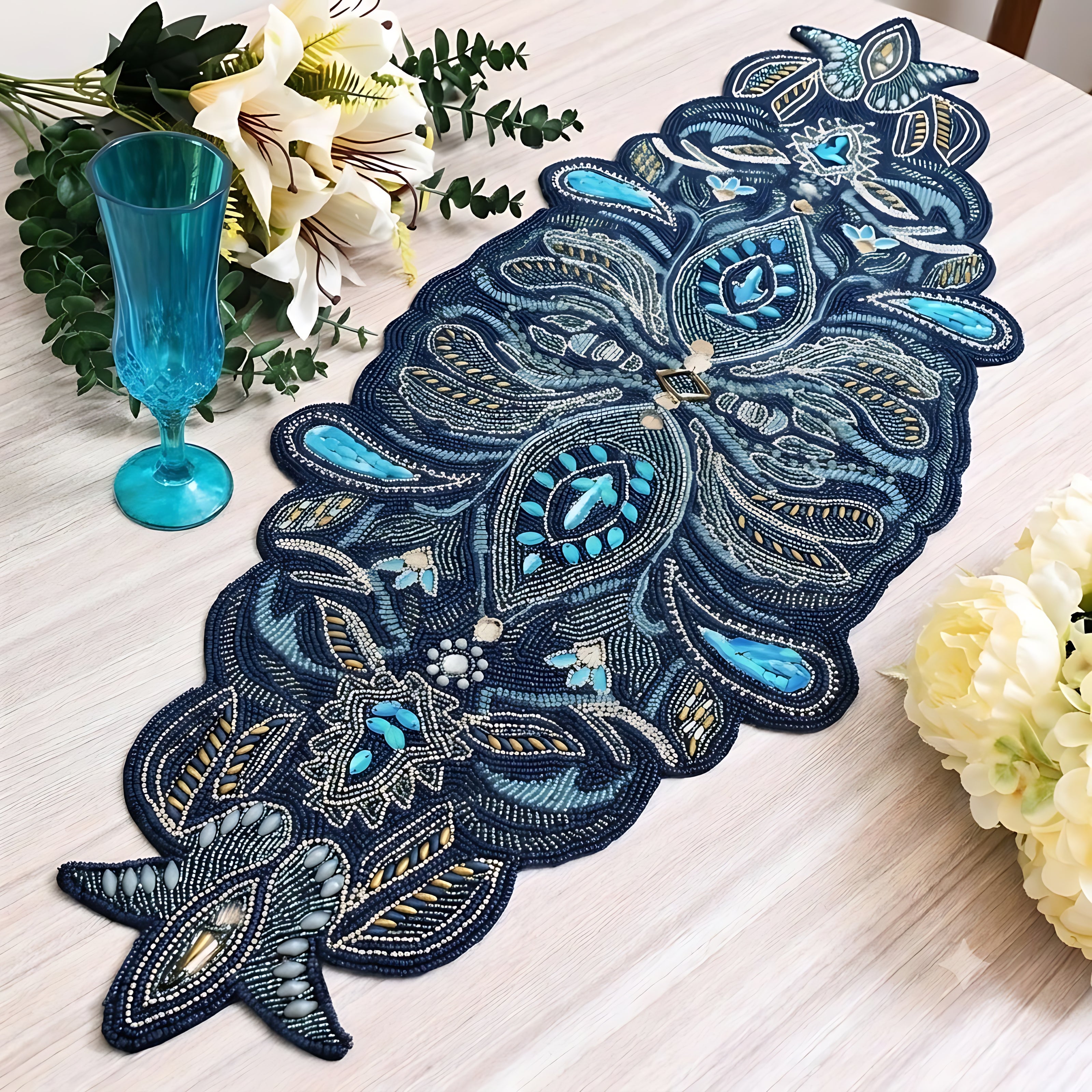 Layered Gemstone & Beadwork Contour Table Runner / Ruchi