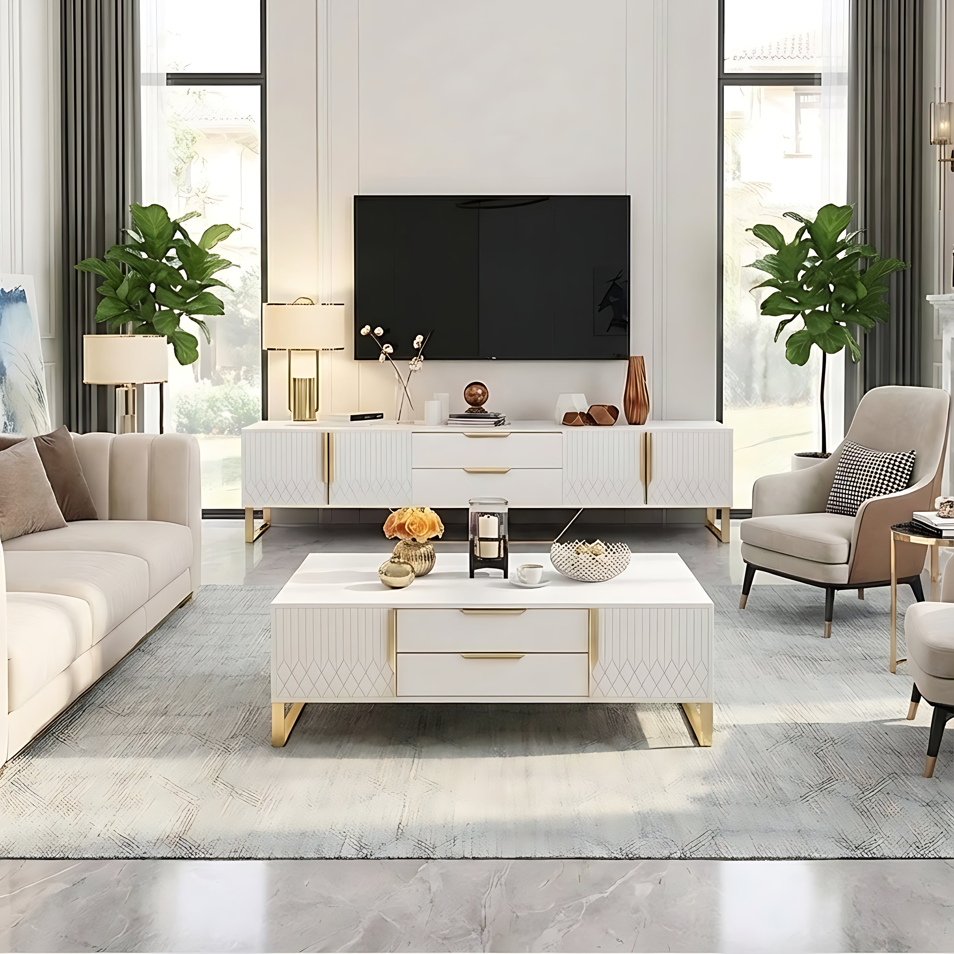 Elegant Wooden Coffee Table And TV Stand Set