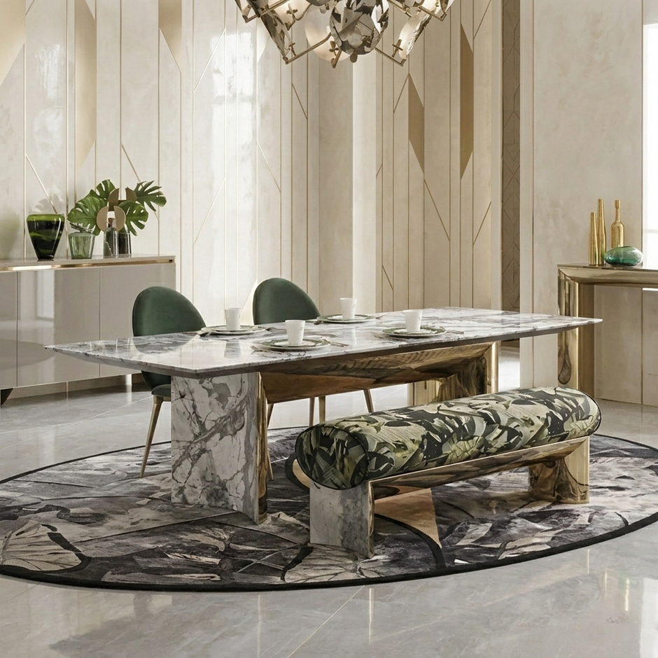 Rectangular Marble Dining Table Set With Bench / Ruchi
