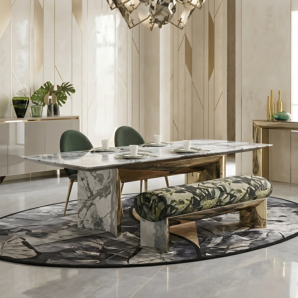 Rectangular Marble Dining Table Set With Bench / Ruchi