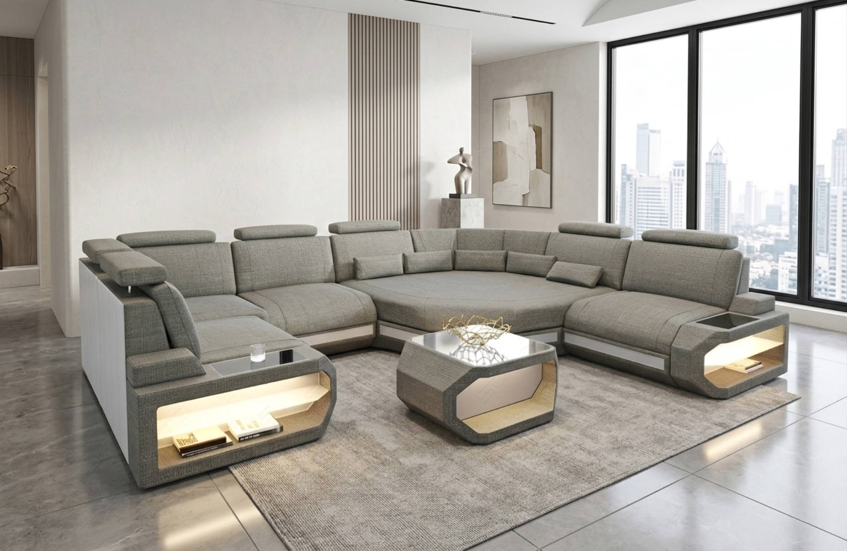 U-Shaped Fabric Sectional Sofa With LED Lights / Ruchi