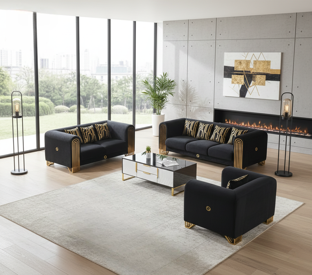 Modern Luxurious Black Velvet Sofa Set / Ruchi