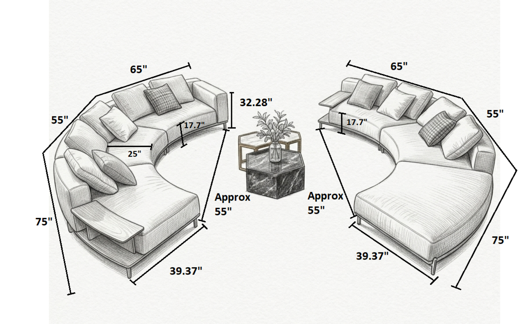 2 Piece Linen Fabric Curved Sectional Sofa
