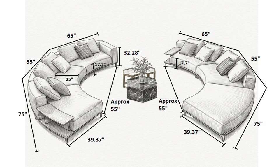 2 Piece Linen Fabric Curved Sectional Sofa