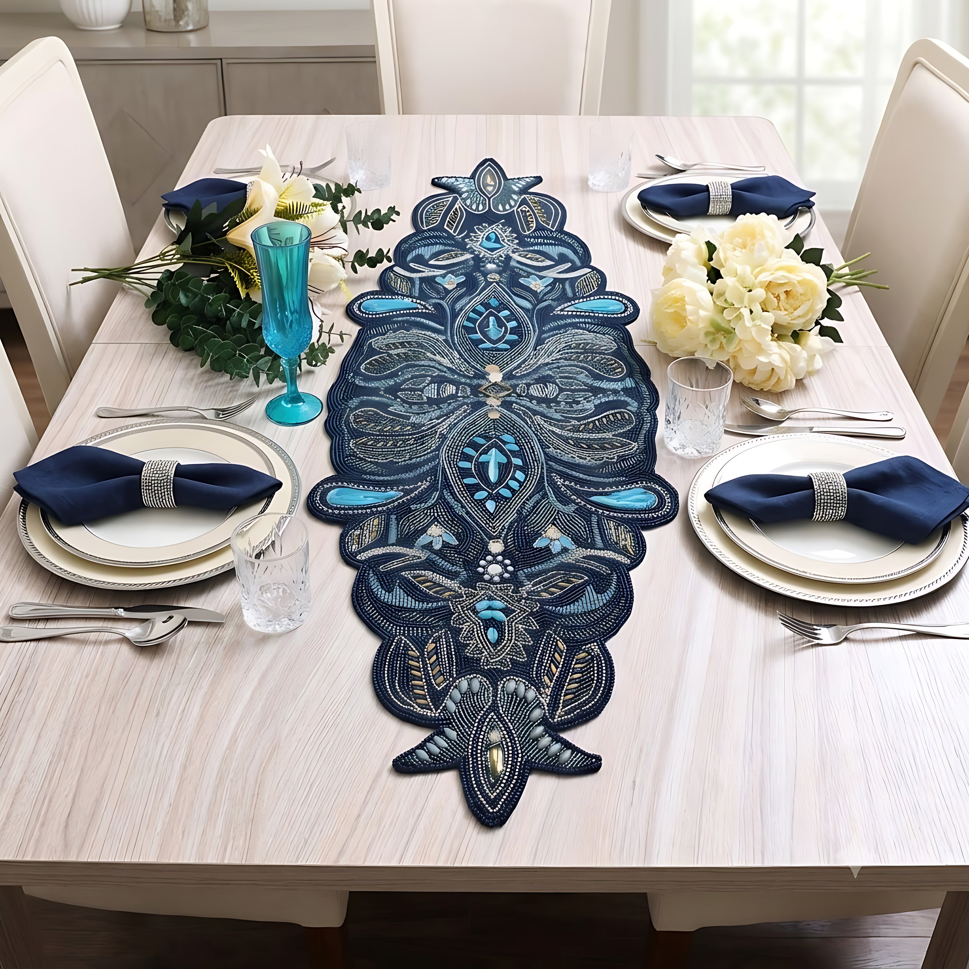 Layered Gemstone & Beadwork Contour Table Runner / Ruchi