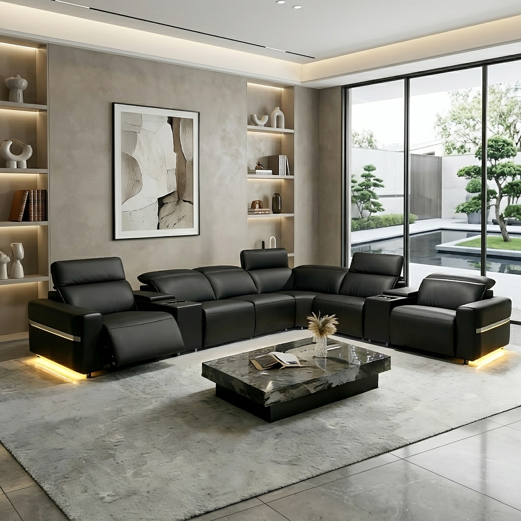 Power Reclining Leather Sectional Sofa With LED