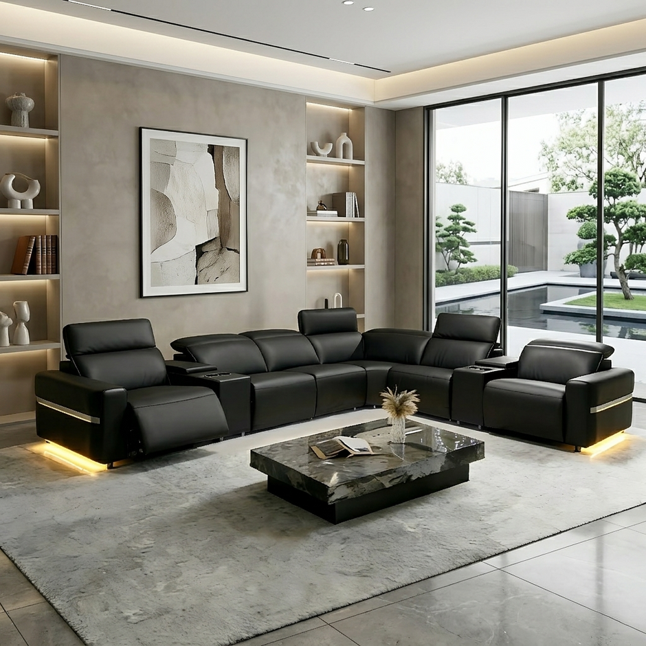 Power Reclining Leather Sectional Sofa With LED