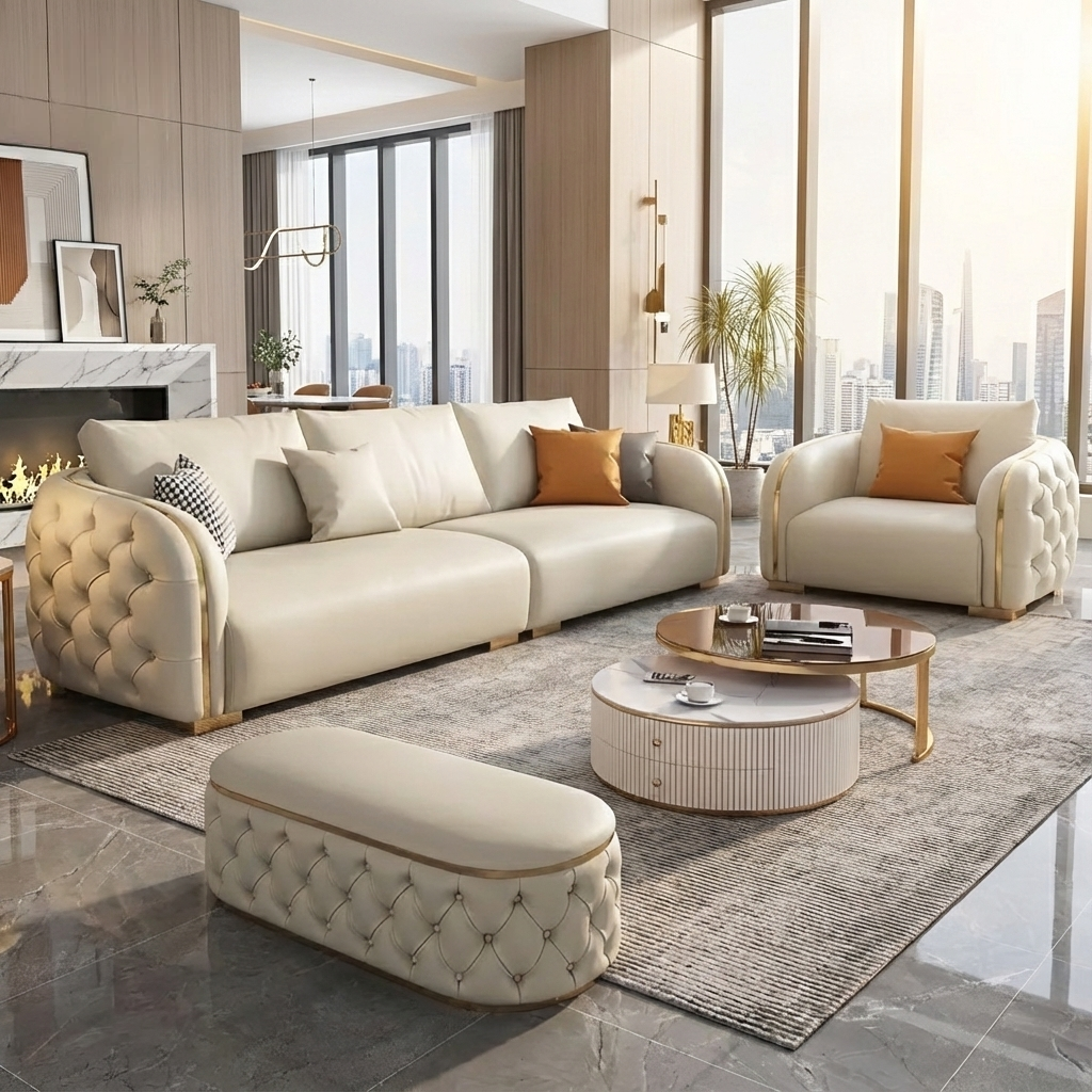 Modern Luxury Chesterfield Leather Sofa Set / Ruchi