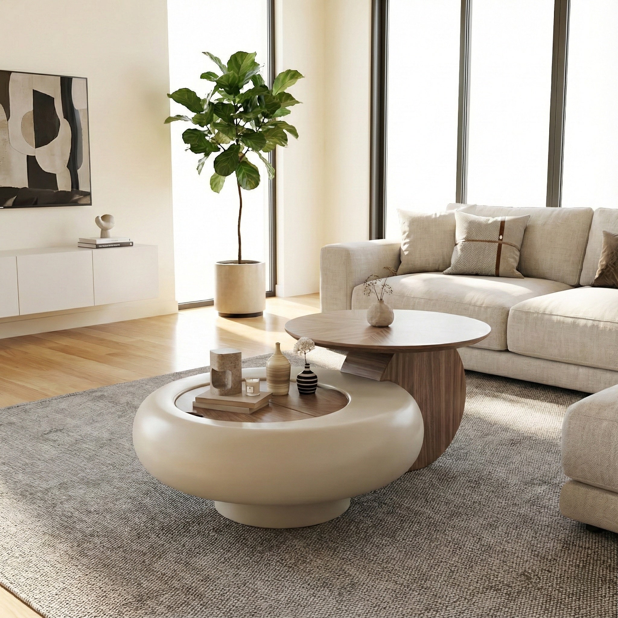 Extendable Round Wooden Coffee Table With Storage / Ruchi 