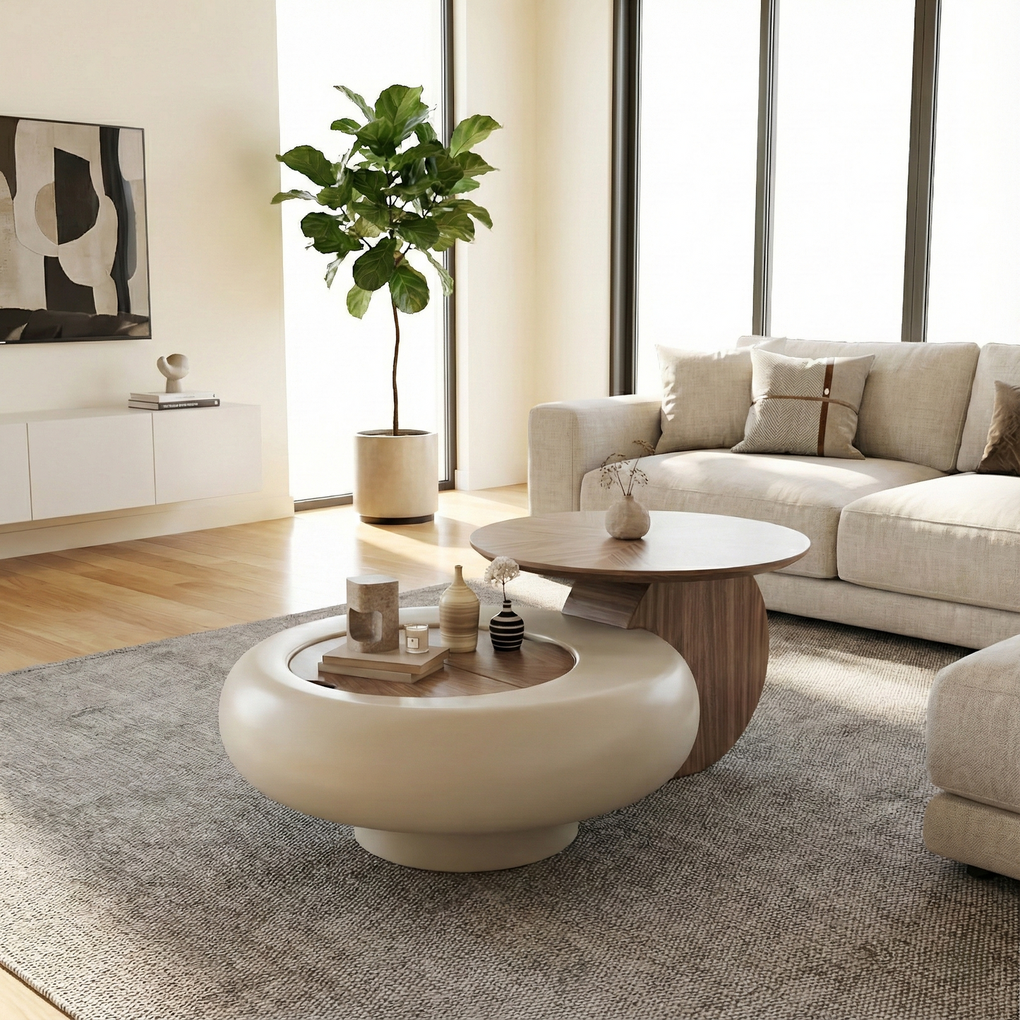 Extendable Round Wooden Coffee Table With Storage / Ruchi