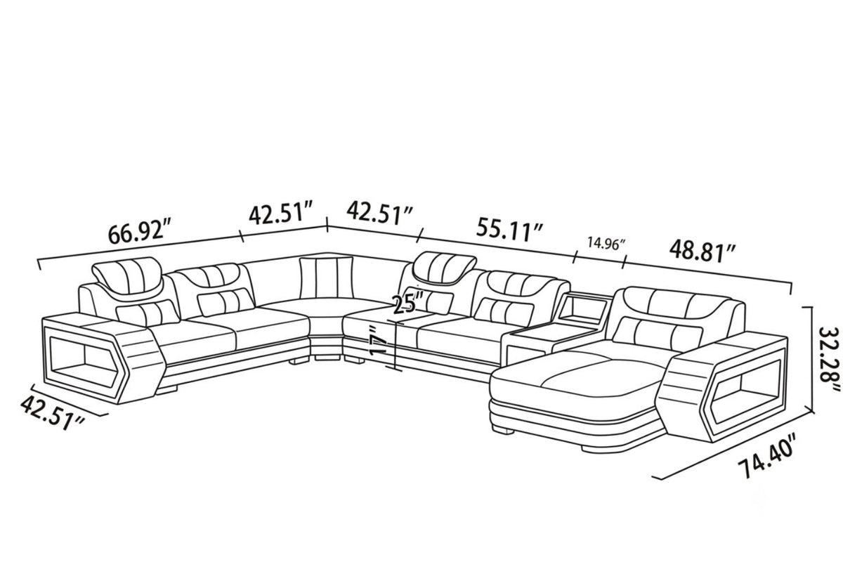 U-Shaped LED Leather Sectional Sofa With Chaise / Ruchi