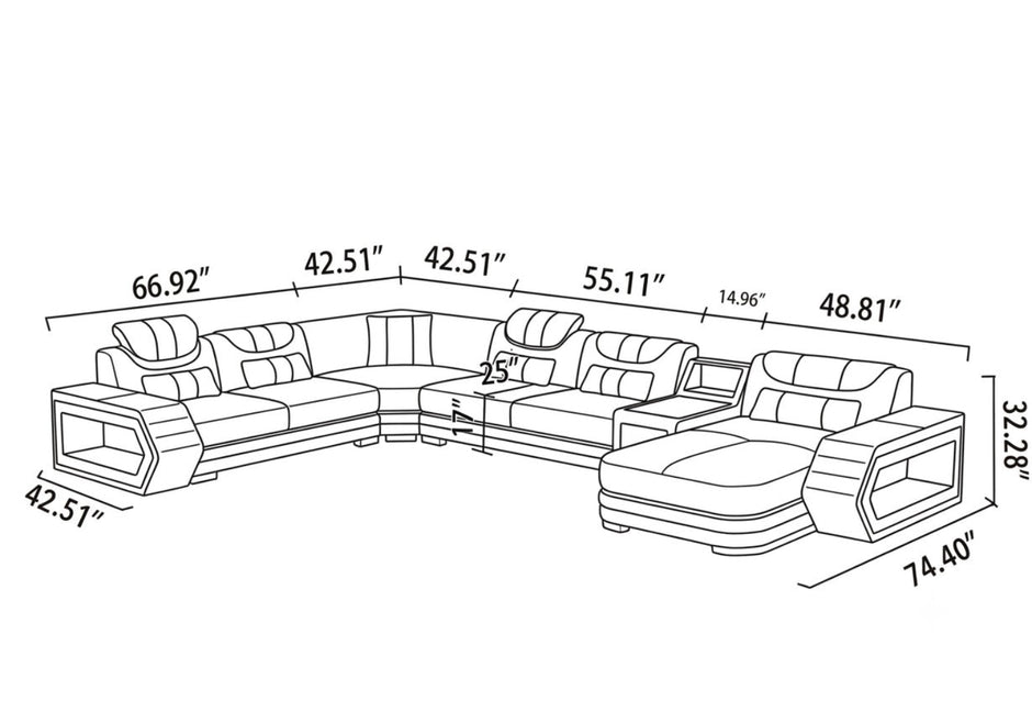 U-Shaped LED Leather Sectional Sofa With Chaise / Ruchi