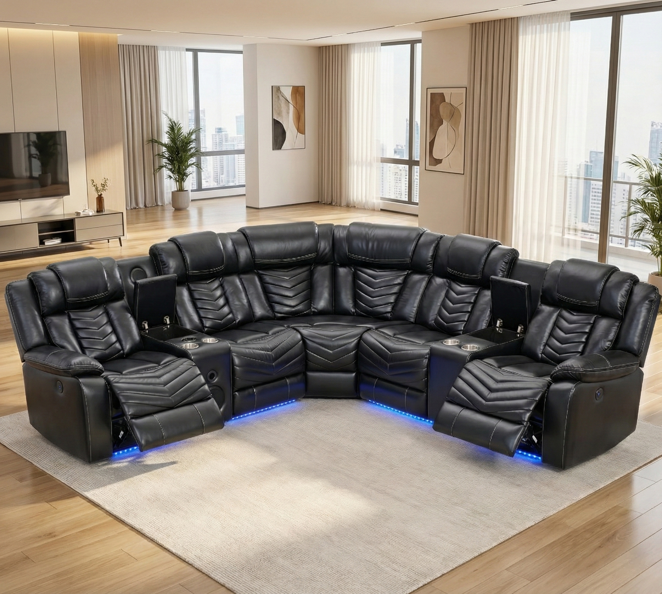 Multifunctional Electric Recliner LED Sectional Leather Sofa / Ruchi