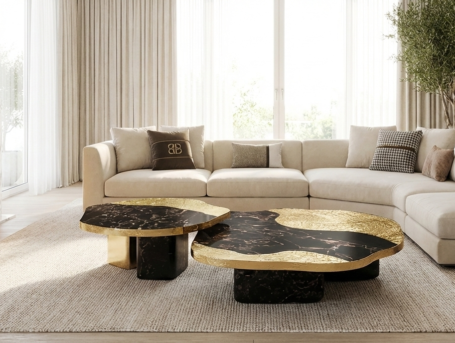 Contemporary Marble And Metal Coffee Table Set / Ruchi 