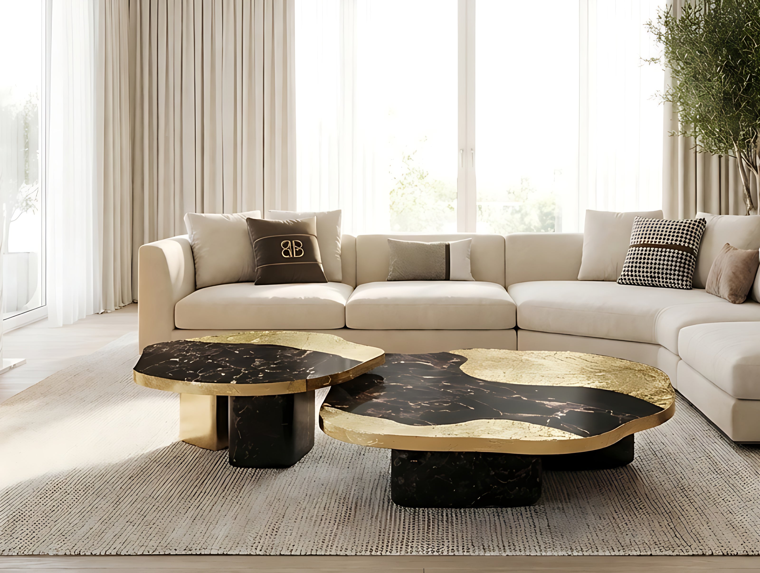 Contemporary Marble And Metal Coffee Table Set / Ruchi