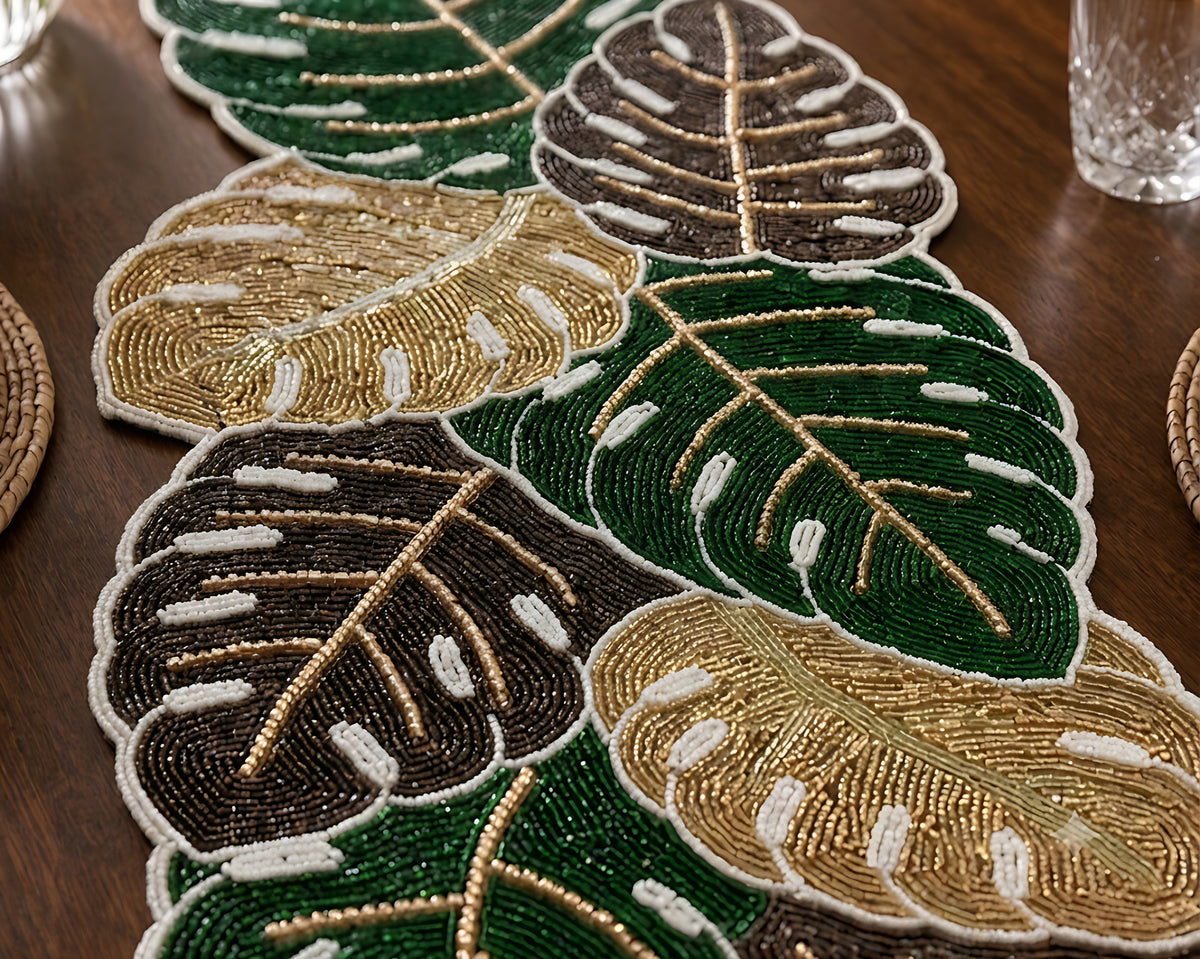 Multicolored Pearled Leaves Table Runner / Ruchi