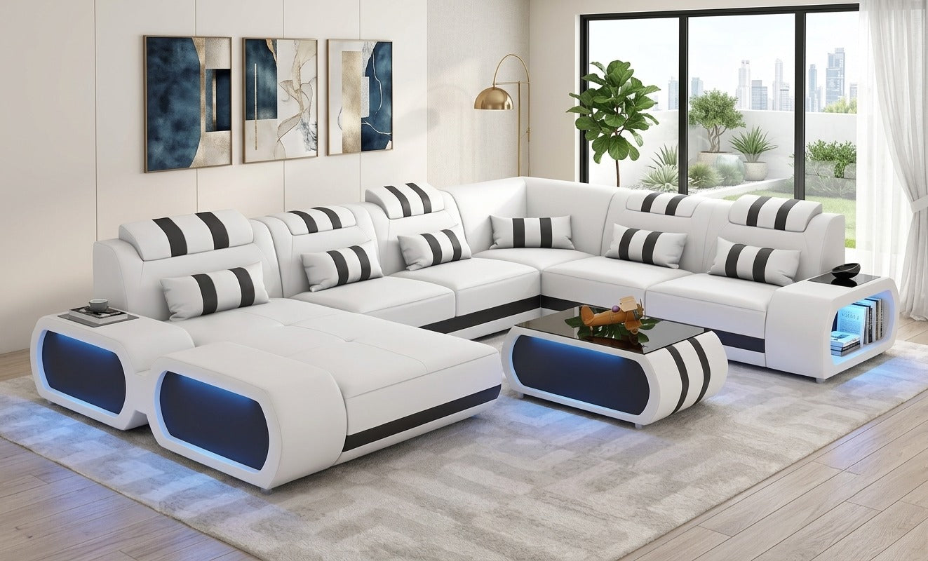Leather Sectional Sofa With LED Lights