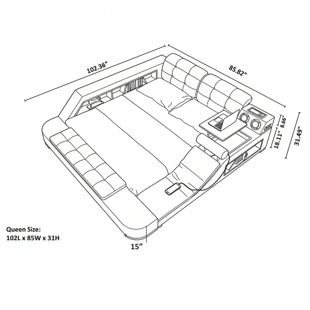 Fabric Upholstered Multifunctional Smart Bed With Storage / Ruchi