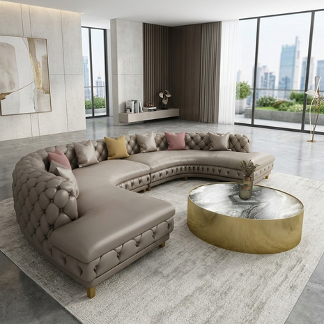 Curved Button Tufted Leather Sectional Sofa / Ruchi
