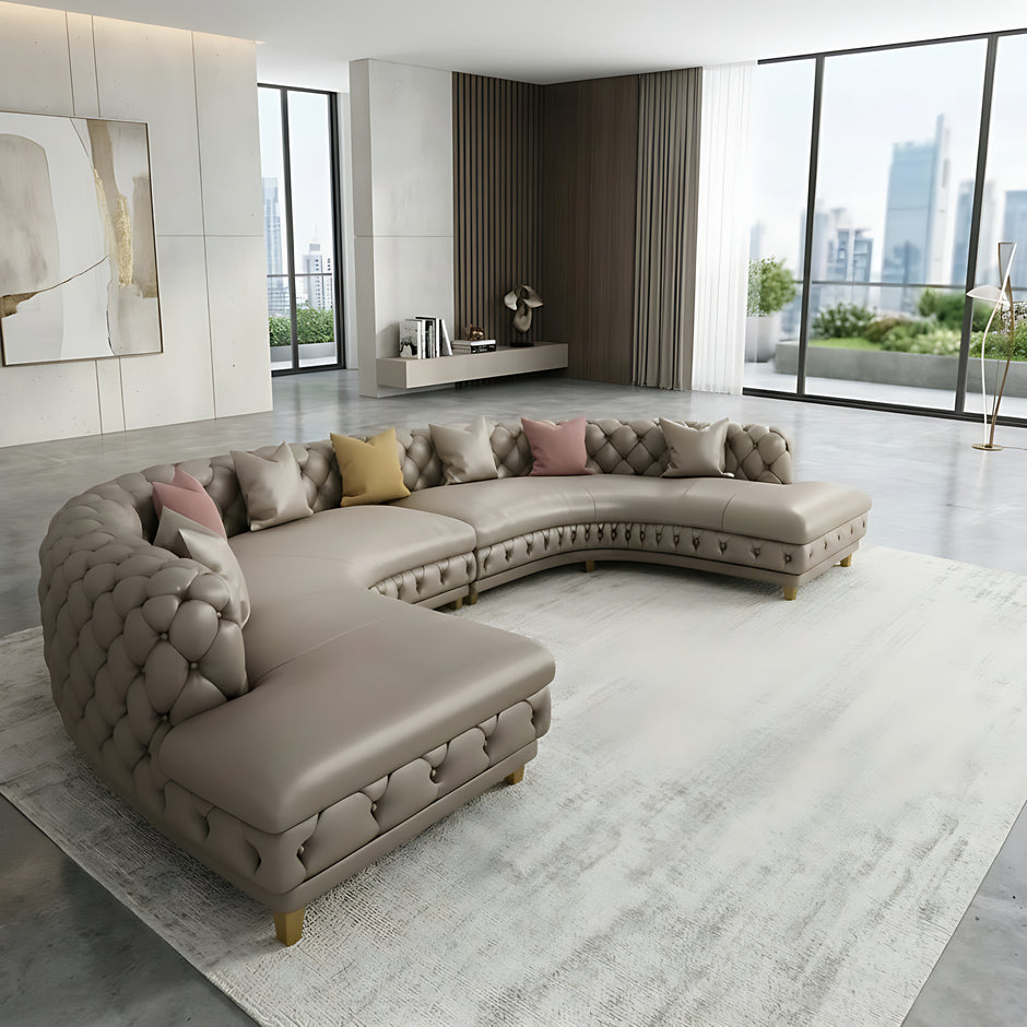 Curved Button Tufted Leather Sectional Sofa / Ruchi