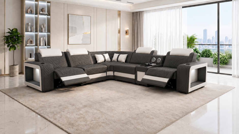 Genuine Leather Electric Recliner Sofa And Coffee Table With LED / Ruchi