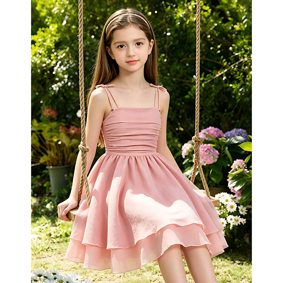 Girls Elegant Tiered Polyester Dress With Bow Straps / Ruchi