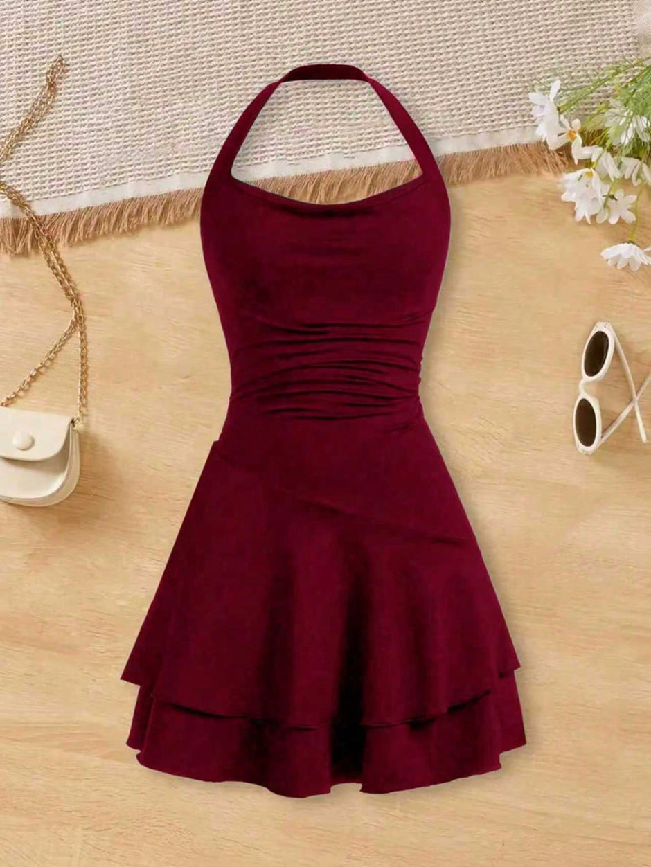 Girls Halter Neck Tiered Skater Polyester Dress / Ruchi