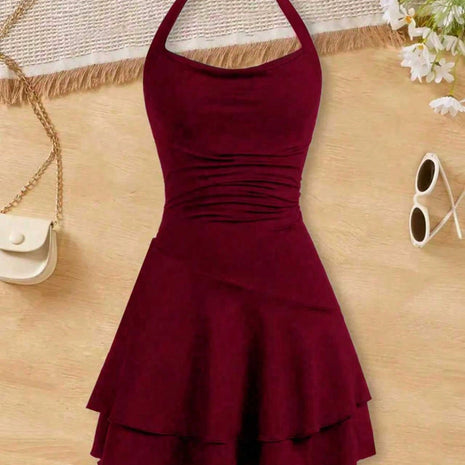 Girls Halter Neck Tiered Skater Polyester Dress / Ruchi