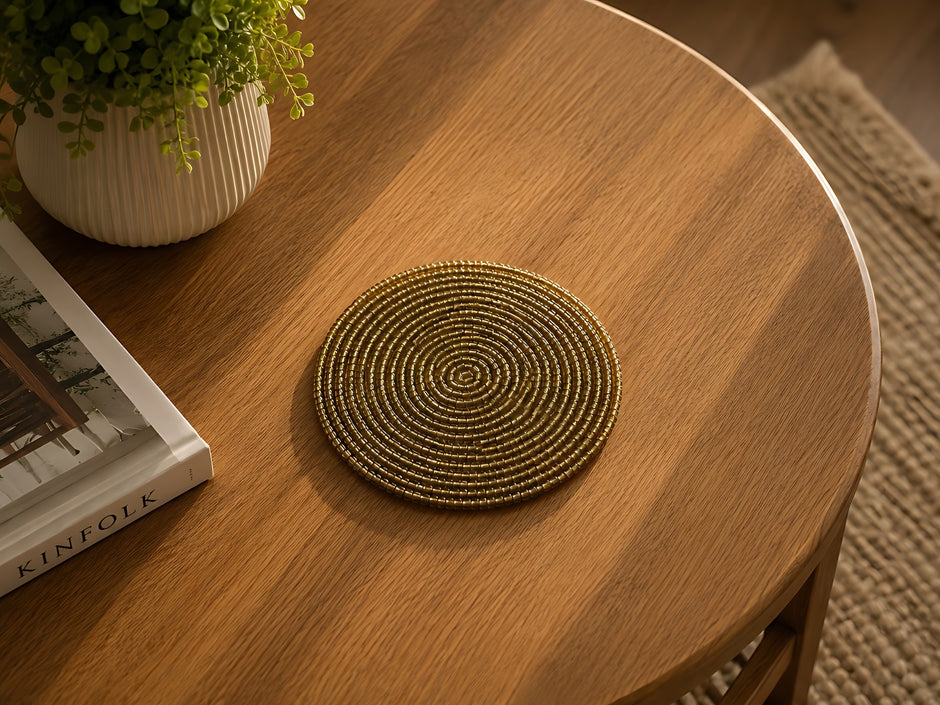 Gold Beaded Round Coaster Set of 2 / Ruchi