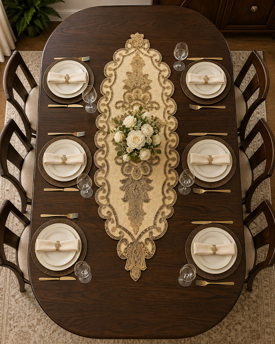 Gold Beige Beaded Oval Runner / Ruchi
