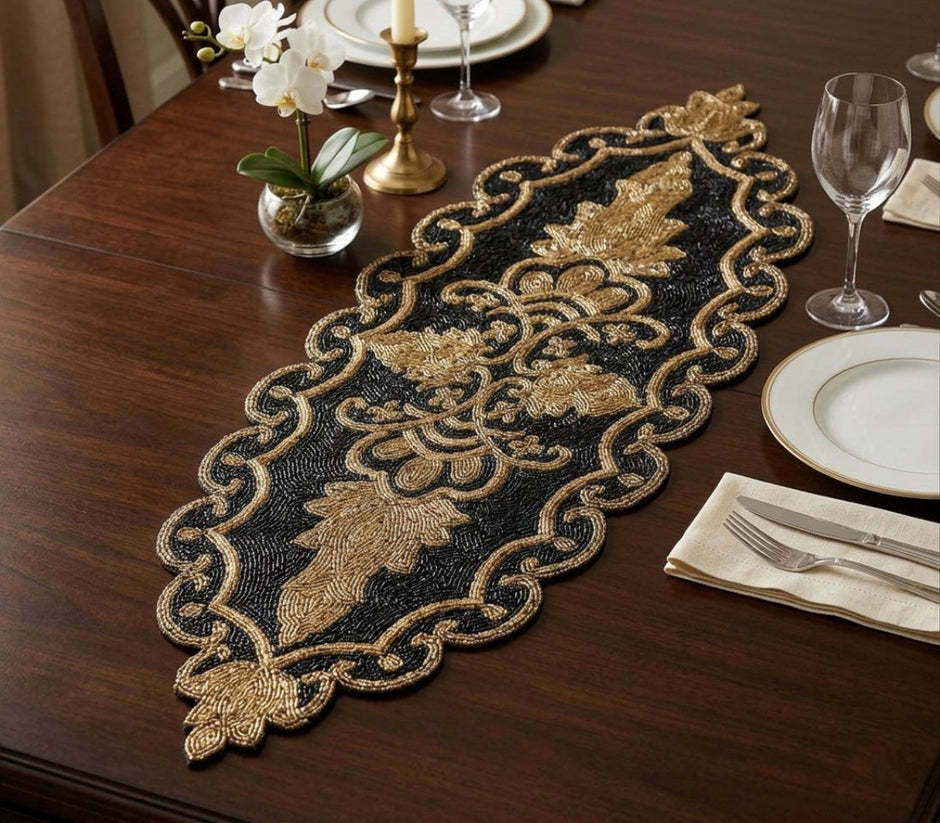 Gold Black Oval Beaded Runner / Ruchi