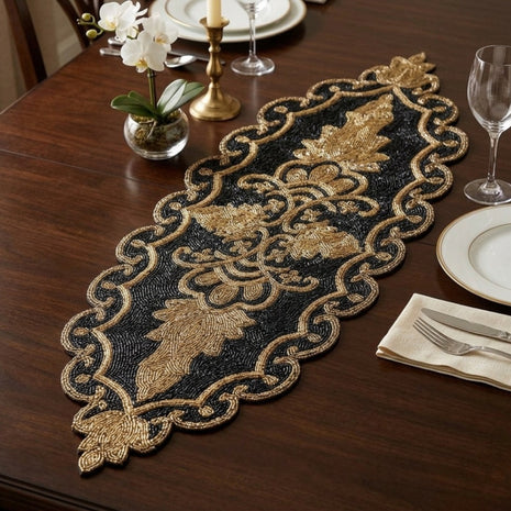 Gold Black Oval Beaded Runner / Ruchi