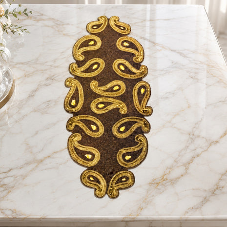 Gold Brown Paisley Beaded Runner / Ruchi