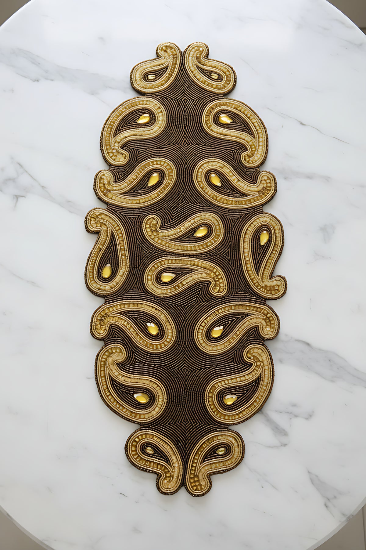Gold Brown Paisley Beaded Runner / Ruchi