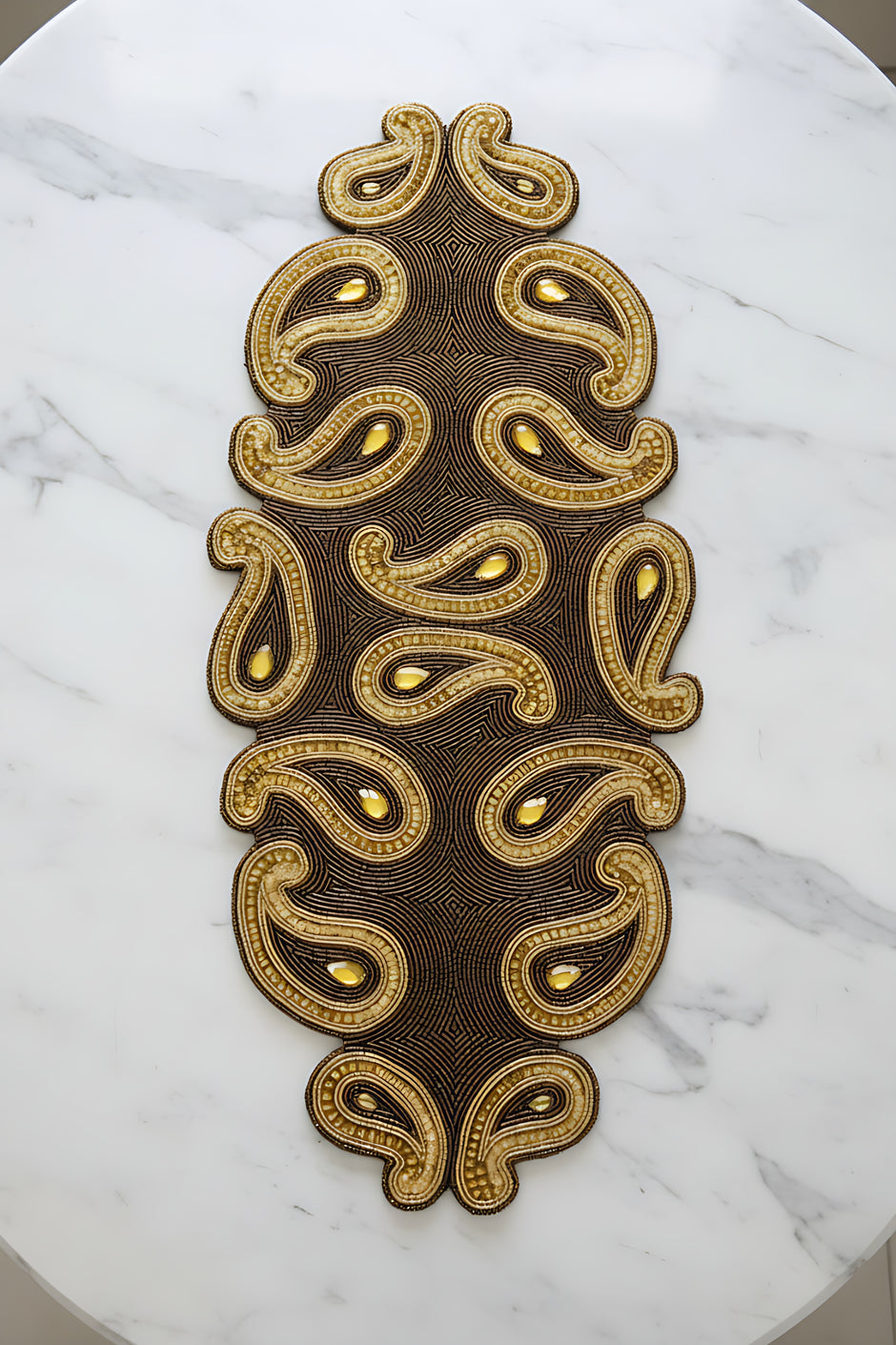 Gold Brown Paisley Beaded Runner / Ruchi