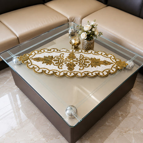 Gold White Scalloped Beaded Runner / Ruchi