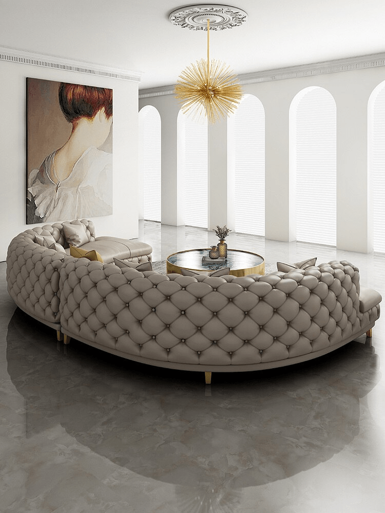 Curved Button Tufted Leather Sectional Sofa / Ruchi