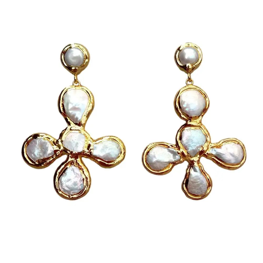 1 Pair Cross Design White Pearl Gold Plated Stud Earrings / Ruchi