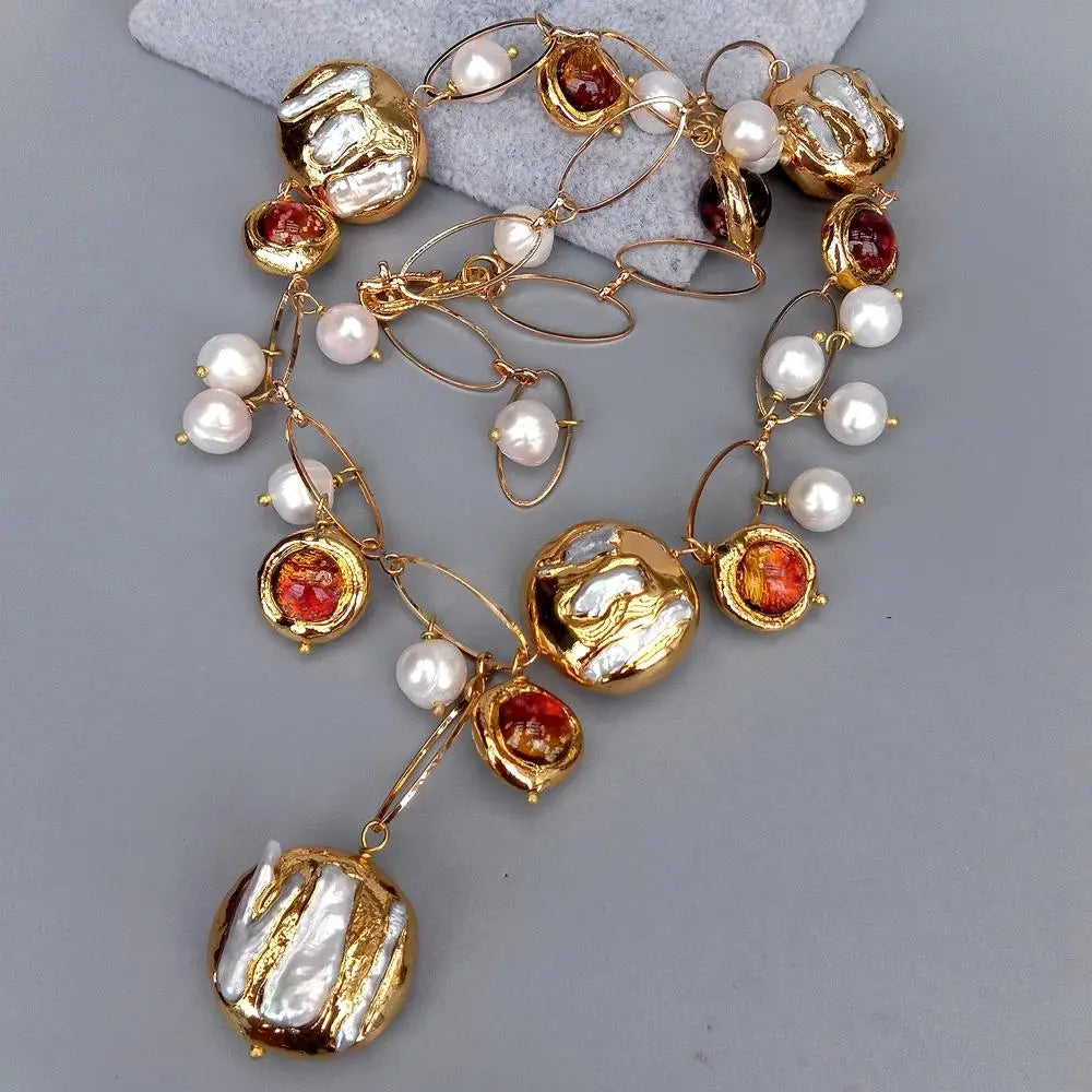 21" Murano Glass Biwa Pearl Necklace / Ruchi