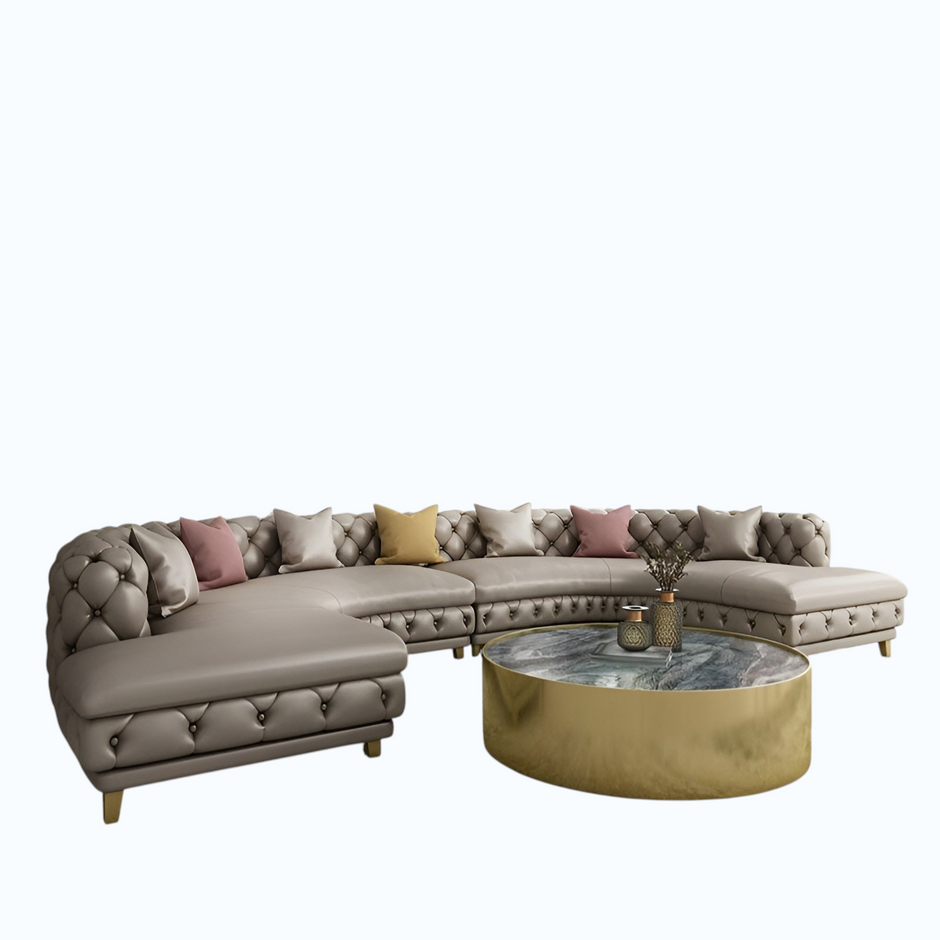 Curved Button Tufted Leather Sectional Sofa / Ruchi