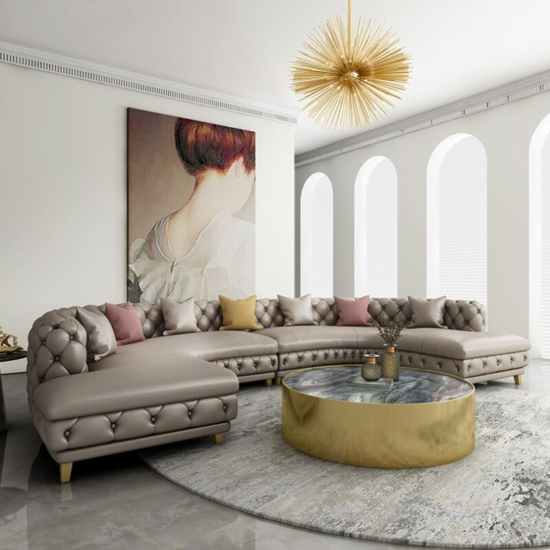Curved Button Tufted Leather Sectional Sofa / Ruchi