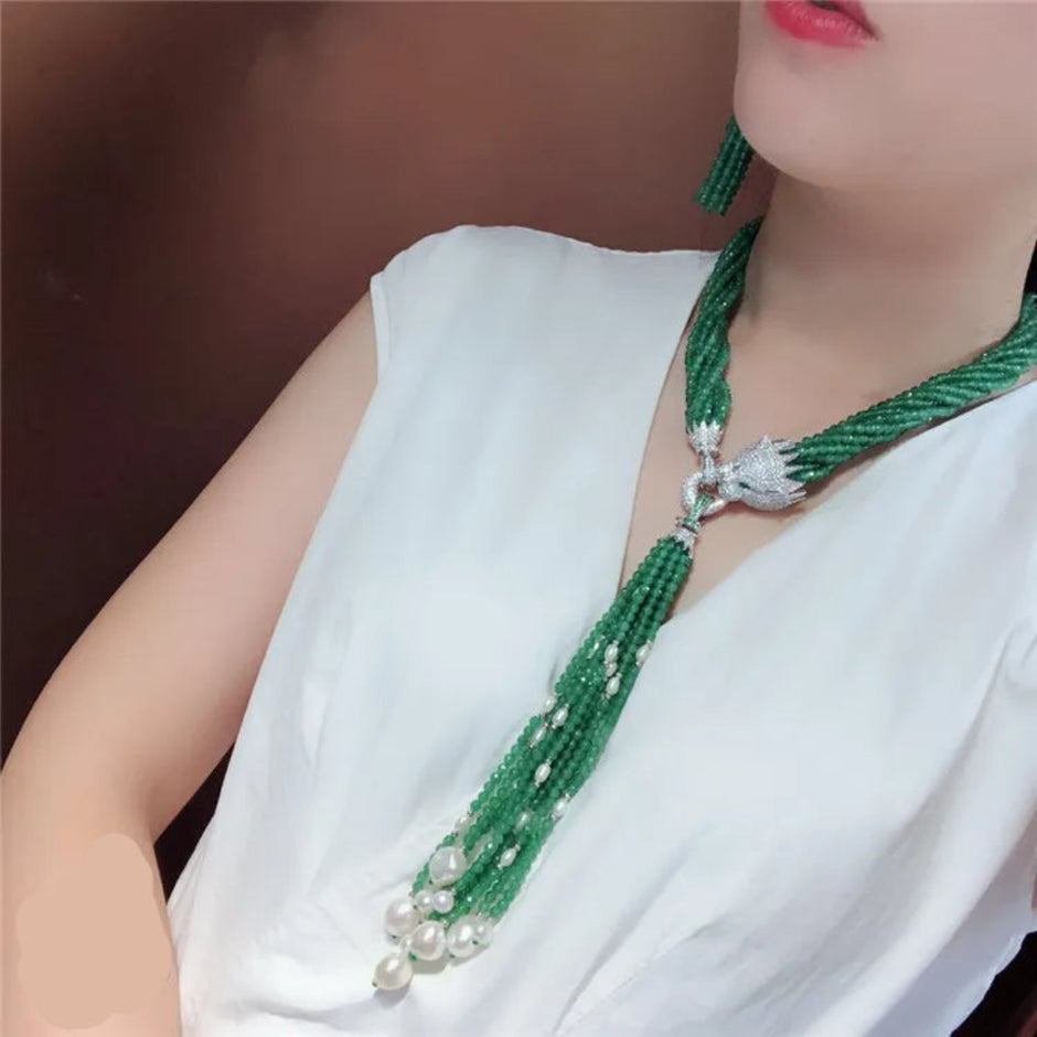 Tassel Design Green Agate Necklace Set