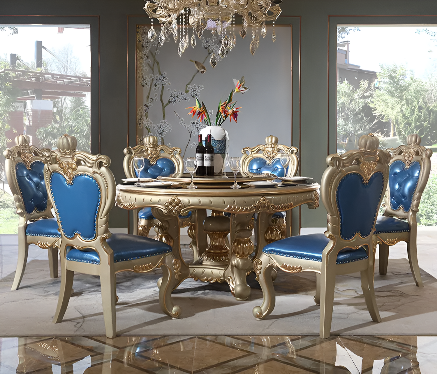 European Round Wooden Dining Table Set For 6 / Ruchi