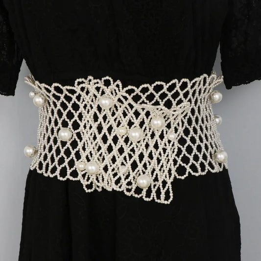 Super Wide White Handmade Pearl Waist Belt / Ruchi